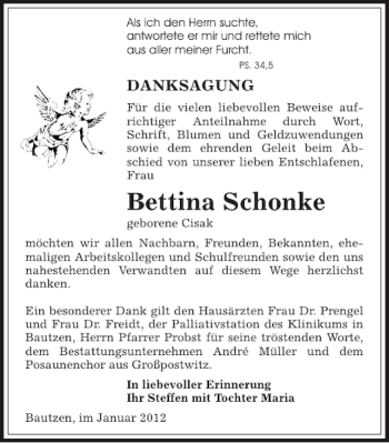 Traueranzeige von Bettina Schonke von Sächsische Zeitung