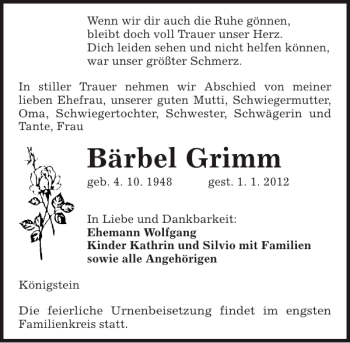 Traueranzeige von Bärbel Grimm von Sächsische Zeitung