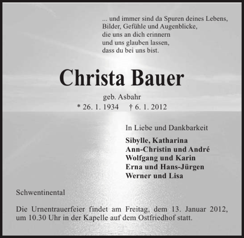  Traueranzeige für Christa Bauer vom 11.01.2012 aus Kieler Nachrichten / Segeberger Zeitung