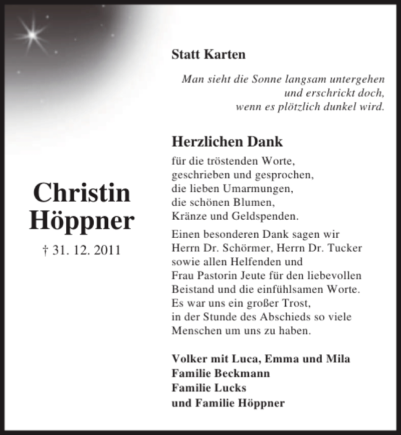  Traueranzeige für Christin Höppner vom 28.01.2012 aus Lübecker Nachrichten