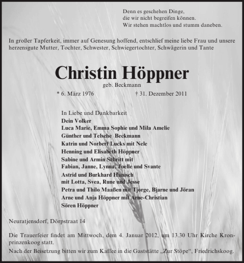  Traueranzeige für Christin Höppner vom 03.01.2012 aus Lübecker Nachrichten