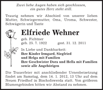 Traueranzeige von Elfriede Wehner von Sächsische Zeitung