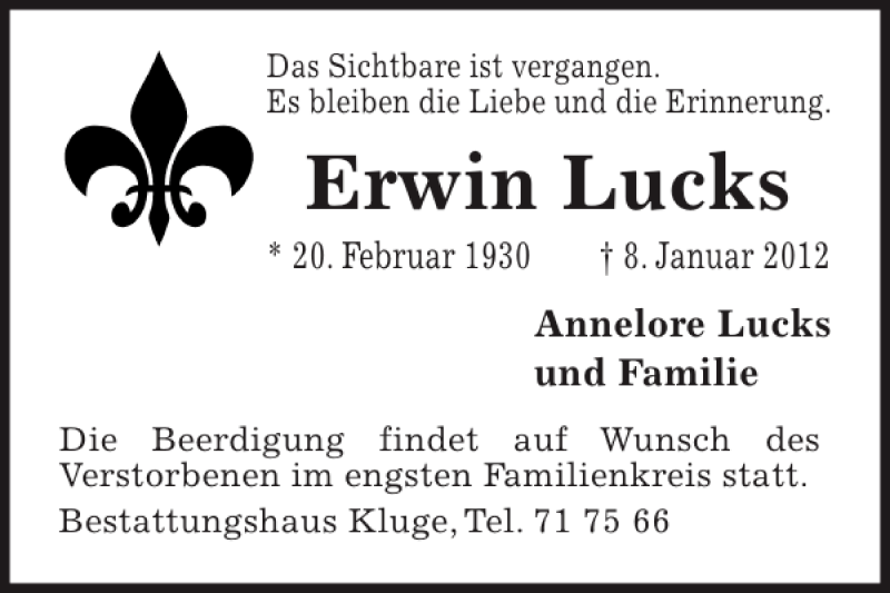  Traueranzeige für Erwin Lucks vom 11.01.2012 aus HAZ/NP