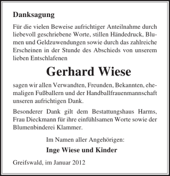 Traueranzeige von Gerhard Wiese von Ostsee-Zeitung