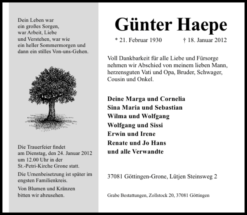  Traueranzeige für Günter Haepe vom 21.01.2012 aus Göttinger Tageblatt