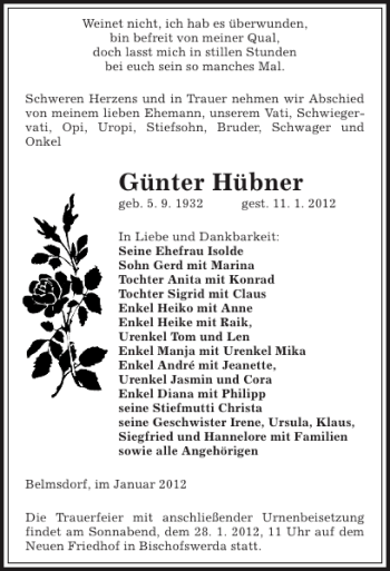 Traueranzeige von Günter Hübner von Sächsische Zeitung