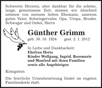 Traueranzeige von Günther Grimm von Sächsische Zeitung
