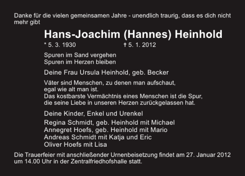 Traueranzeige für Hans-Joachim (Hannes) Heinhold vom 14.01.2012 aus Ostsee-Zeitung