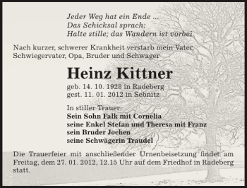 Traueranzeige von Heinz Kittner von Sächsische Zeitung
