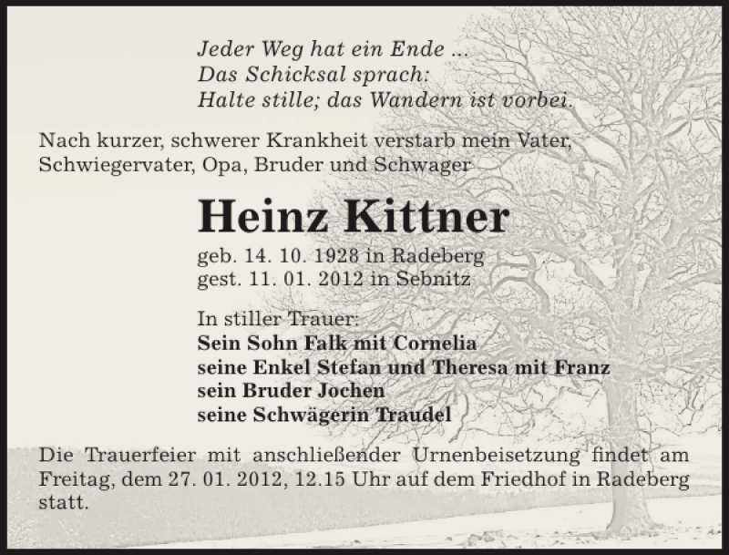  Traueranzeige für Heinz Kittner vom 14.01.2012 aus Sächsische Zeitung