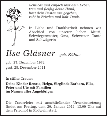 Traueranzeige von Ilse Gläsner von Sächsische Zeitung