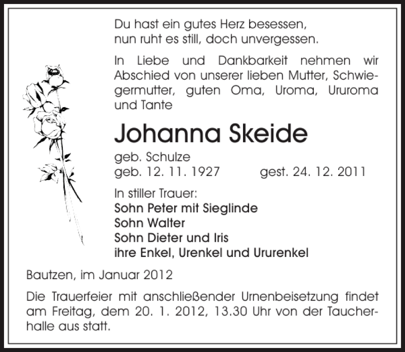  Traueranzeige für Johanna Skeide vom 16.01.2012 aus Sächsische Zeitung