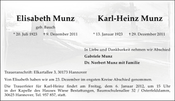 Traueranzeige von Karl-Heinz Munz und Elisabeth Munz von HAZ/NP