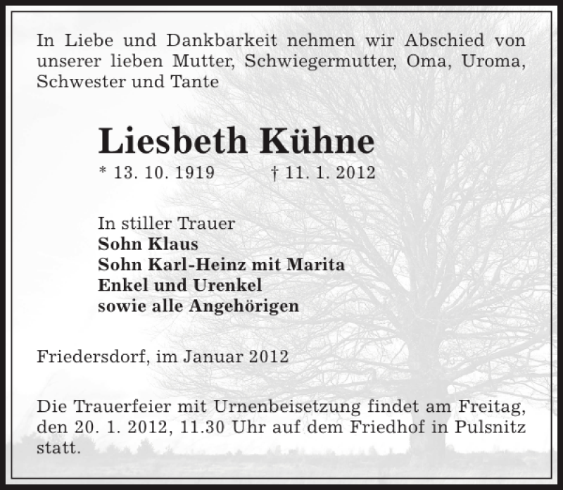  Traueranzeige für Liesbeth Kühne vom 16.01.2012 aus Sächsische Zeitung