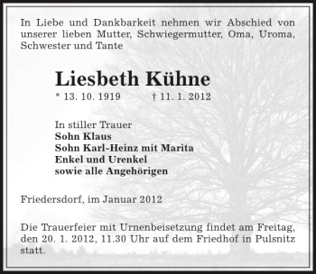 Traueranzeige von Liesbeth Kühne von Sächsische Zeitung