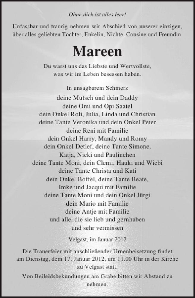  Traueranzeige für Mareen  vom 14.01.2012 aus Ostsee-Zeitung