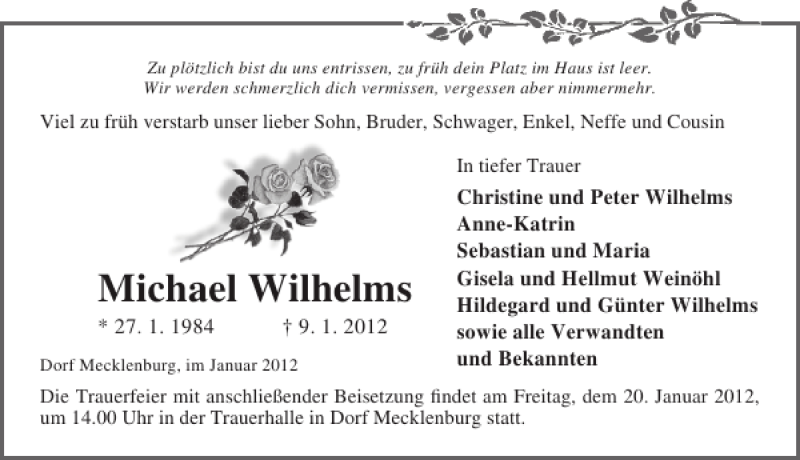  Traueranzeige für Michael Wilhelms vom 14.01.2012 aus Ostsee-Zeitung