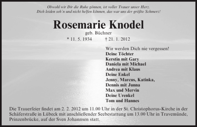  Traueranzeige für Rosemarie Knodel vom 29.01.2012 aus Lübecker Nachrichten