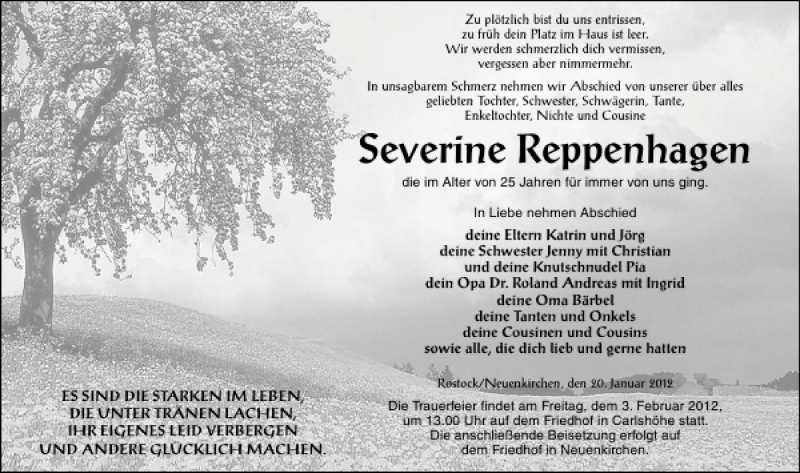  Traueranzeige für Severine Reppenhagen vom 28.01.2012 aus Ostsee-Zeitung