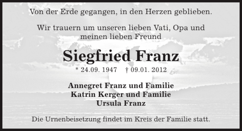  Traueranzeige für Siegfried Franz vom 14.01.2012 aus Sächsische Zeitung
