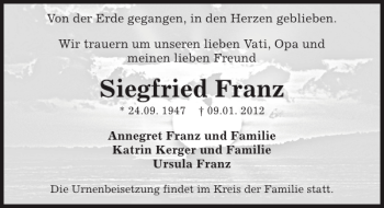 Traueranzeige von Siegfried Franz von Sächsische Zeitung