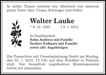 Traueranzeige von Walter Lauke von Sächsische Zeitung