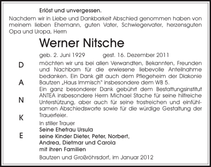  Traueranzeige für Werner Nitsche vom 14.01.2012 aus Sächsische Zeitung