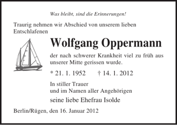 Traueranzeige von Wolfgang Oppermann von Ostsee-Zeitung