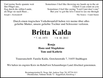 Traueranzeige von Britta Kalda von Schaumburger Nachrichten