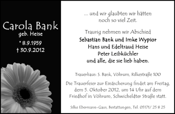 Traueranzeige von Carola Bank von Peiner Allgemeine Zeitung