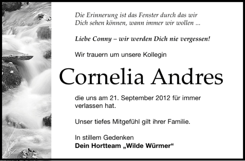  Traueranzeige für Cornelia Andres vom 20.10.2012 aus Leipziger Volkszeitung