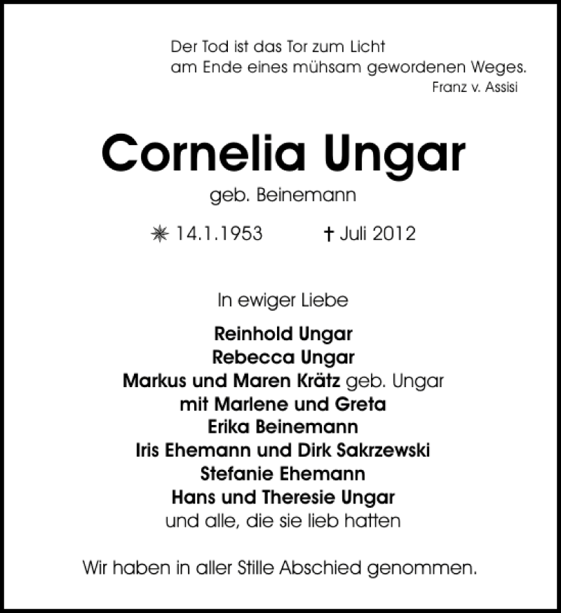  Traueranzeige für Cornelia Ungar vom 27.10.2012 aus Aller Zeitung / Wolfsburger Allgemeine