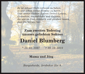 Traueranzeige von Daniel Blumberg von Kieler Nachrichten / Segeberger Zeitung