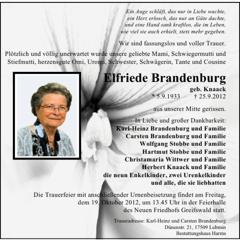  Traueranzeige für Elfriede Brandenburg vom 06.10.2012 aus Ostsee-Zeitung