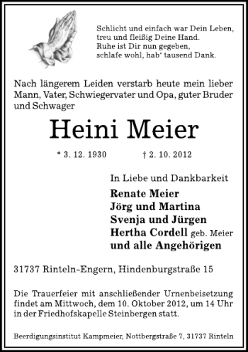 Traueranzeige von Heini Meier von Schaumburger Nachrichten