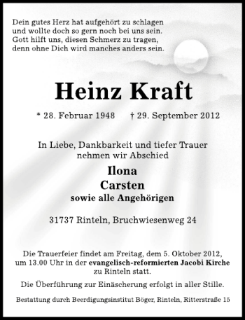 Traueranzeige von Heinz Kraft von Schaumburger Nachrichten