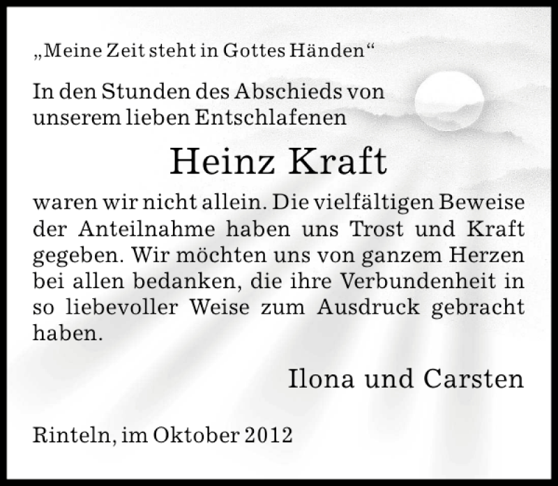  Traueranzeige für Heinz Kraft vom 27.10.2012 aus Schaumburger Nachrichten