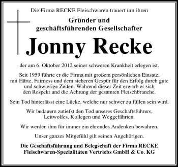 Traueranzeige von Jonny Recke von Leipziger Volkszeitung