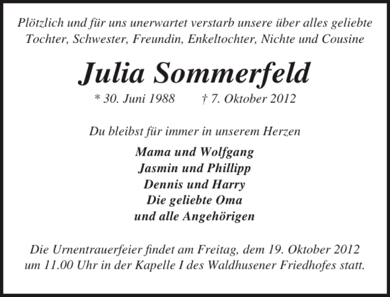  Traueranzeige für Julia Sommerfeld vom 14.10.2012 aus Lübecker Nachrichten