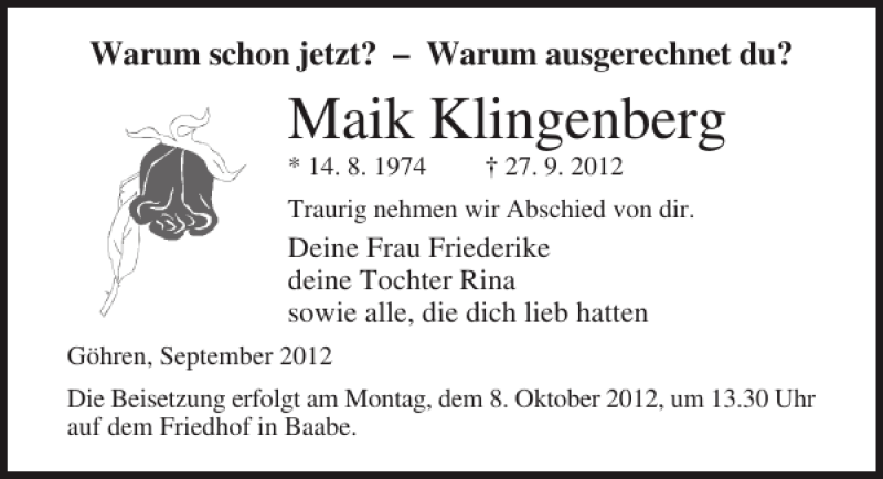  Traueranzeige für Maik Klingenberg vom 02.10.2012 aus Ostsee-Zeitung