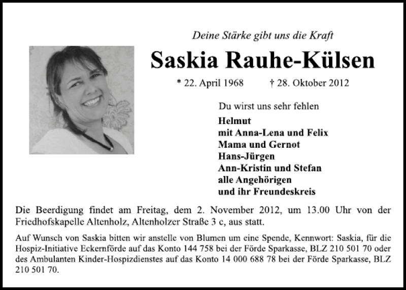 Traueranzeige für Saskia Rauhe-Külsen vom 31.10.2012 aus Kieler Nachrichten / Segeberger Zeitung