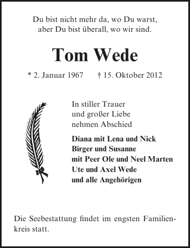  Traueranzeige für Tom Wede vom 21.10.2012 aus Lübecker Nachrichten