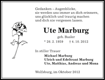 Traueranzeige von Ute Marburg von Aller Zeitung / Wolfsburger Allgemeine