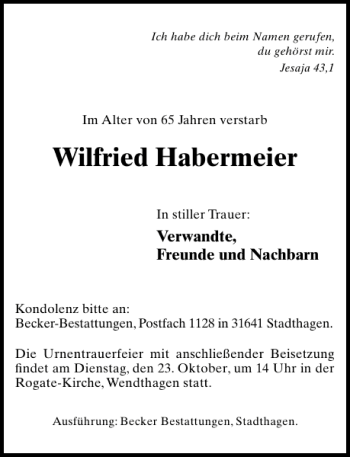 Traueranzeige von Wilfried Habermeier von Schaumburger Nachrichten