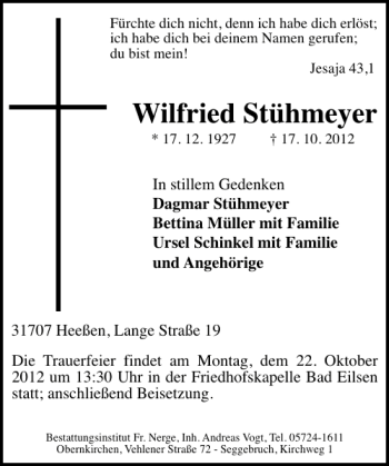 Traueranzeige von Wilfried Stühmeyer von Schaumburger Nachrichten
