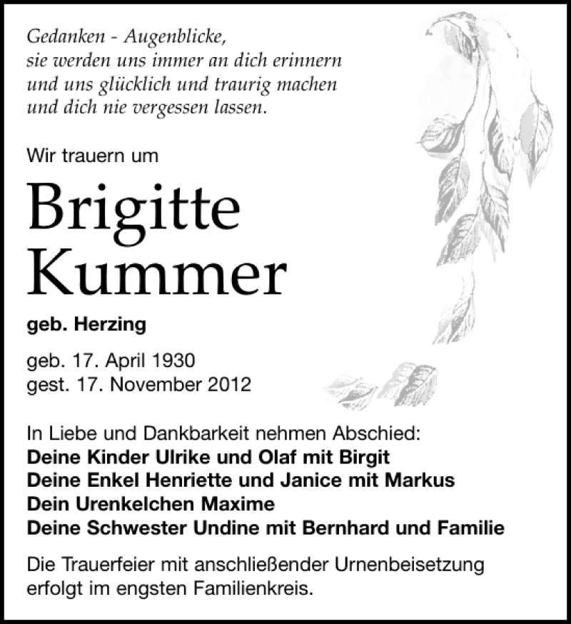  Traueranzeige für Brigitte Kummer vom 24.11.2012 aus Leipziger Volkszeitung