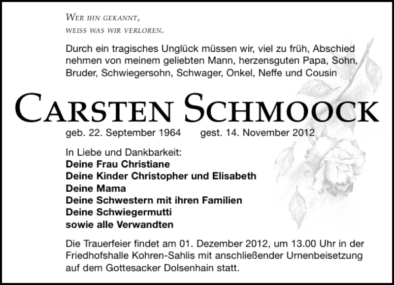  Traueranzeige für Carsten Schmoock vom 24.11.2012 aus Leipziger Volkszeitung