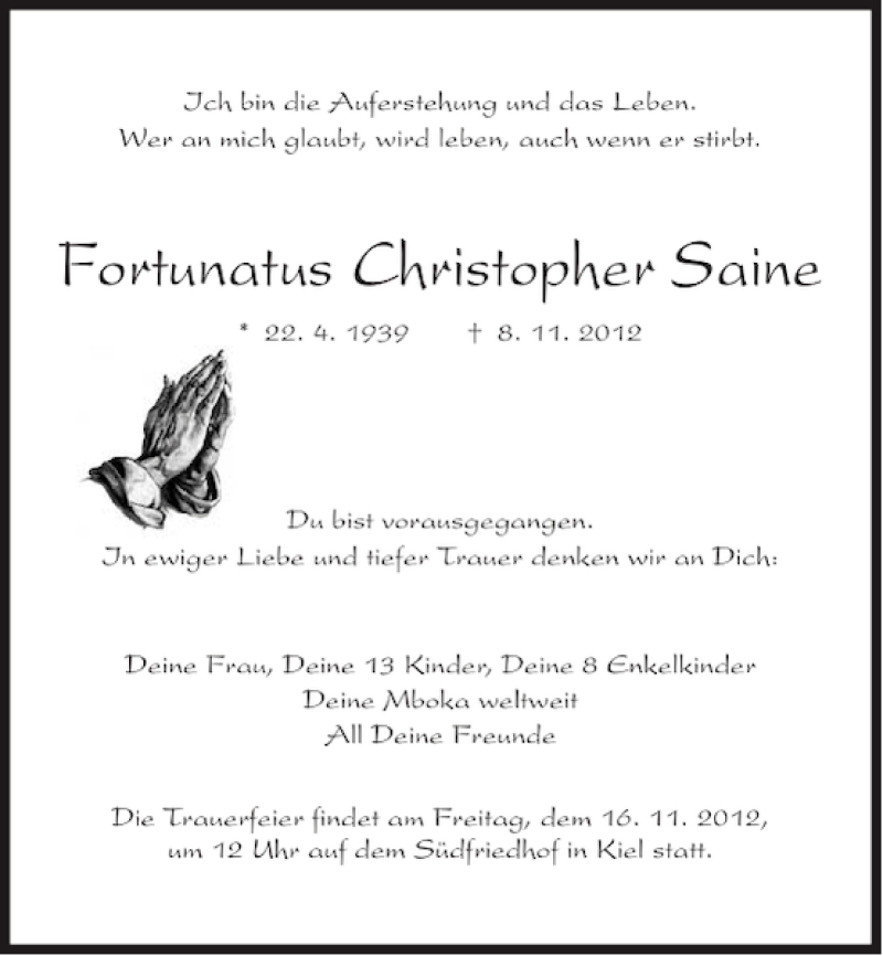  Traueranzeige für Fortunatus Christopher Saine vom 14.11.2012 aus Kieler Nachrichten / Segeberger Zeitung
