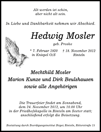 Traueranzeige von Hedwig Mosler von Schaumburger Nachrichten