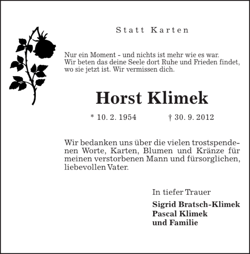  Traueranzeige für Horst Klimek vom 03.11.2012 aus HAZ/NP